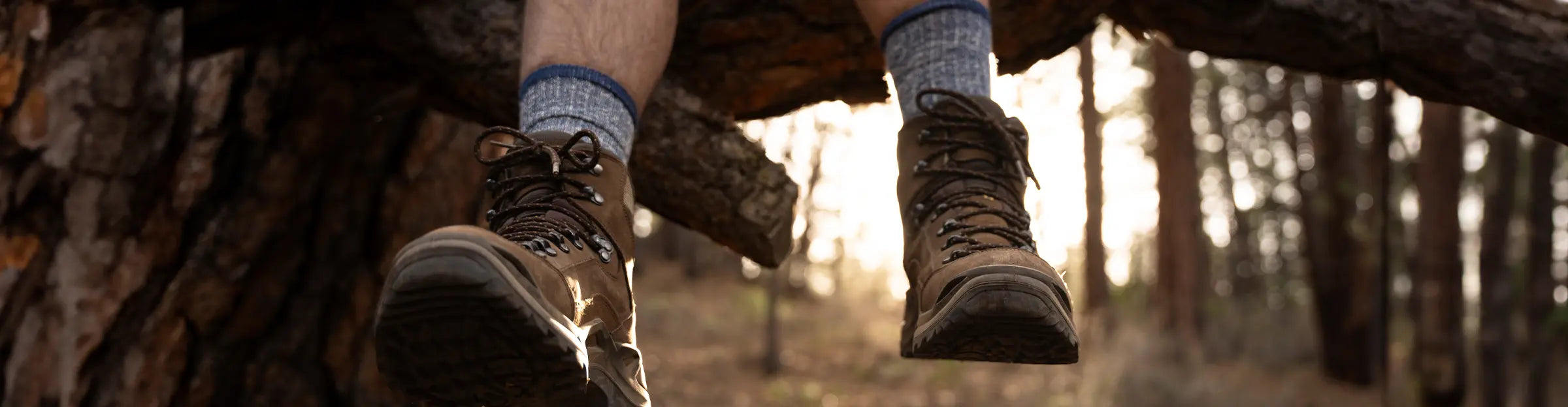 Foot swinging down from a tree branch with blue merino wool socks