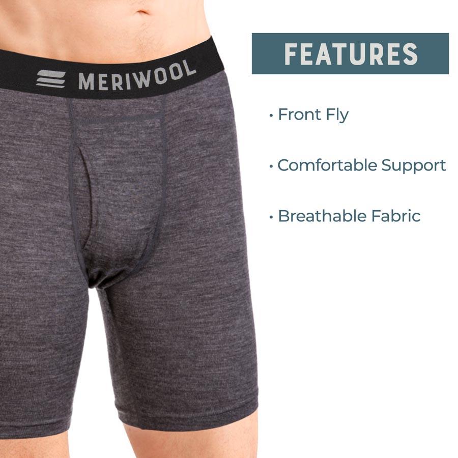 Men's merino wool long boxer shorts with fly - Grey melange - Dilling